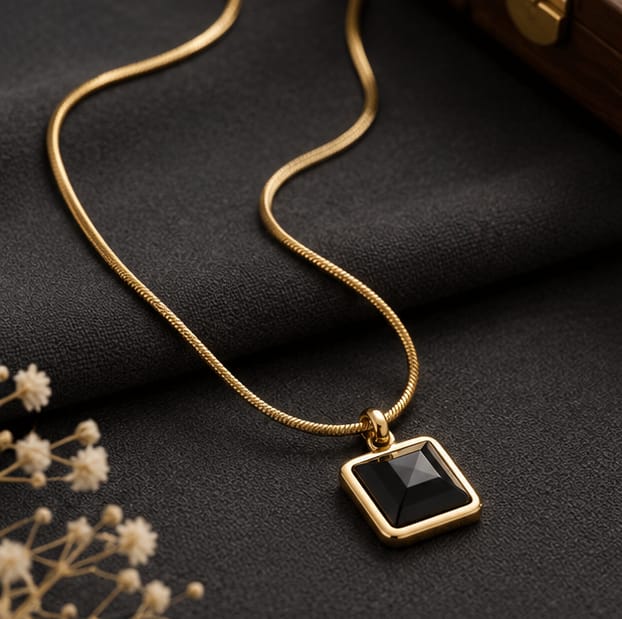 Gold Necklace with Black Pendant